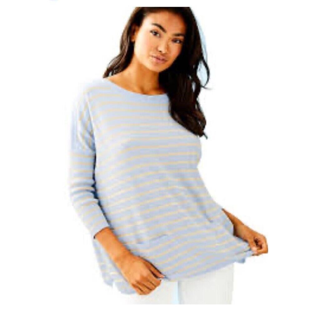 Lilly Pulitzer Tunic L Blue Tan Sparkle Stripes Sweater Preppy Relaxed Fit